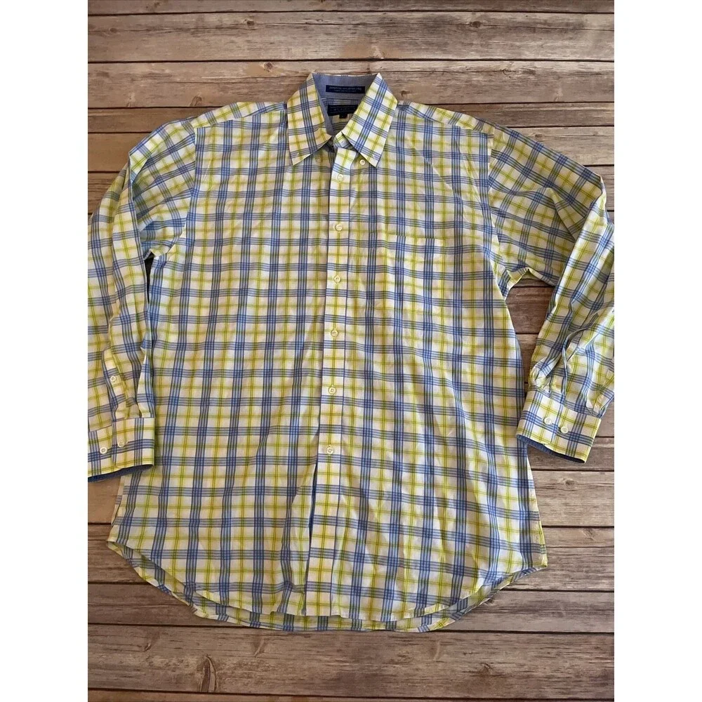 J McLaughlin Men's Blue Yellow Supreme Button Down Shirt Check Large